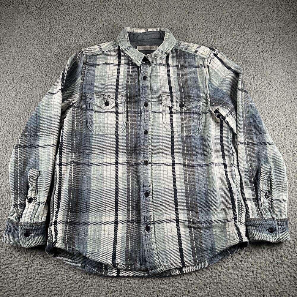 Outerknown Blanket Shirt Mens M Blue Plaid Organic Cotton Heavy Knit Button Up
